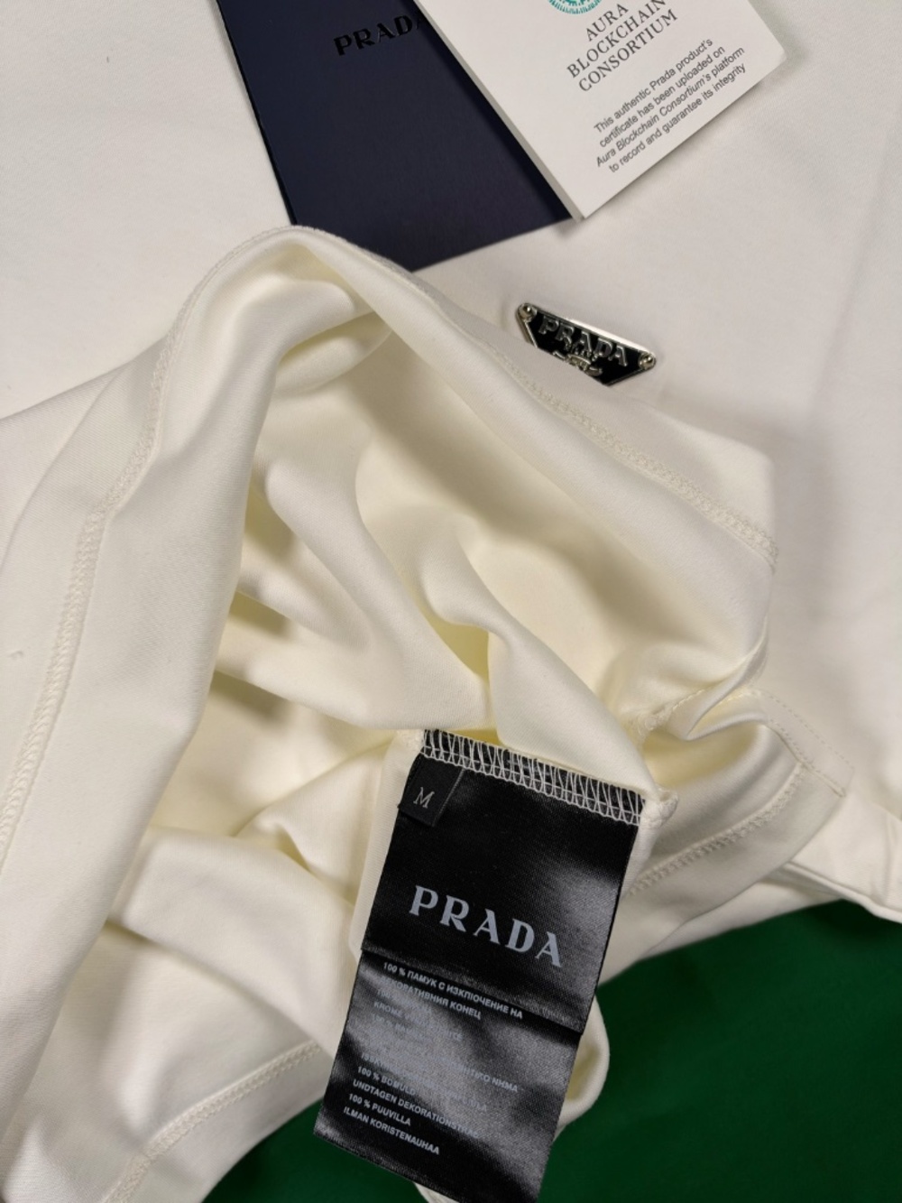 PRADA MEN'S MILKY WHITE COTTON T-SHIRT M REGULAR FIT ENAMELED TRIANGLE LOGO - Picture 3 of 7